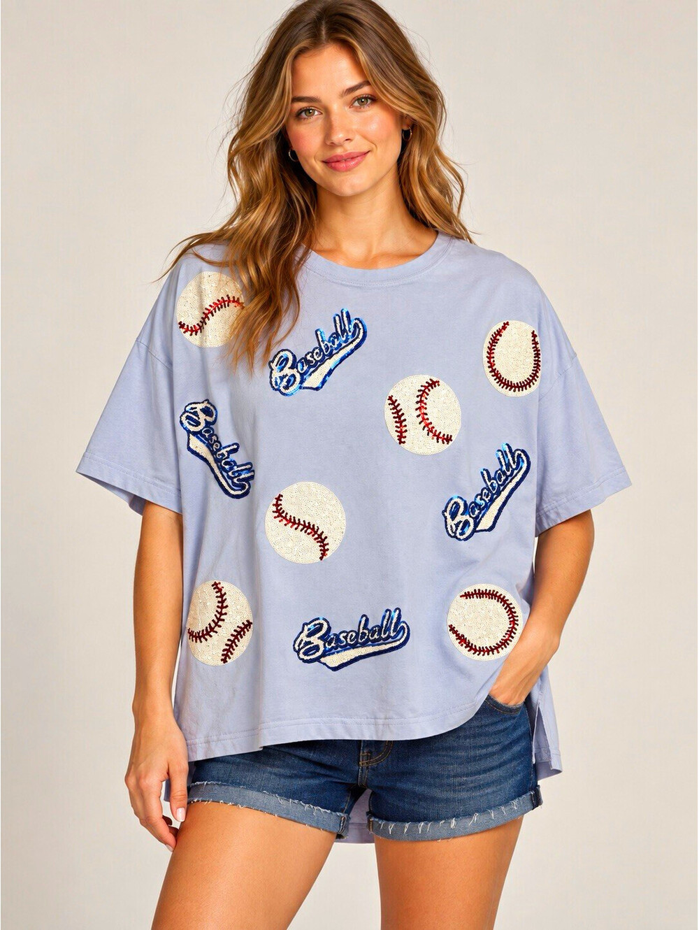 Fantastic Fawn Women’s S Blue Sequin Baseball Graphic Oversized Crew Knit Tee